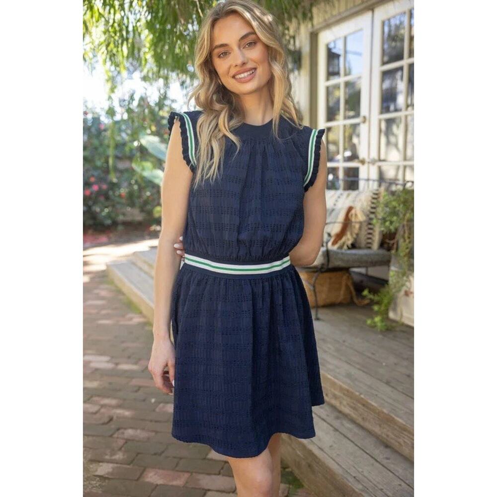 Navy Sleeveless Mini Dress with Contrast Stripe Waist